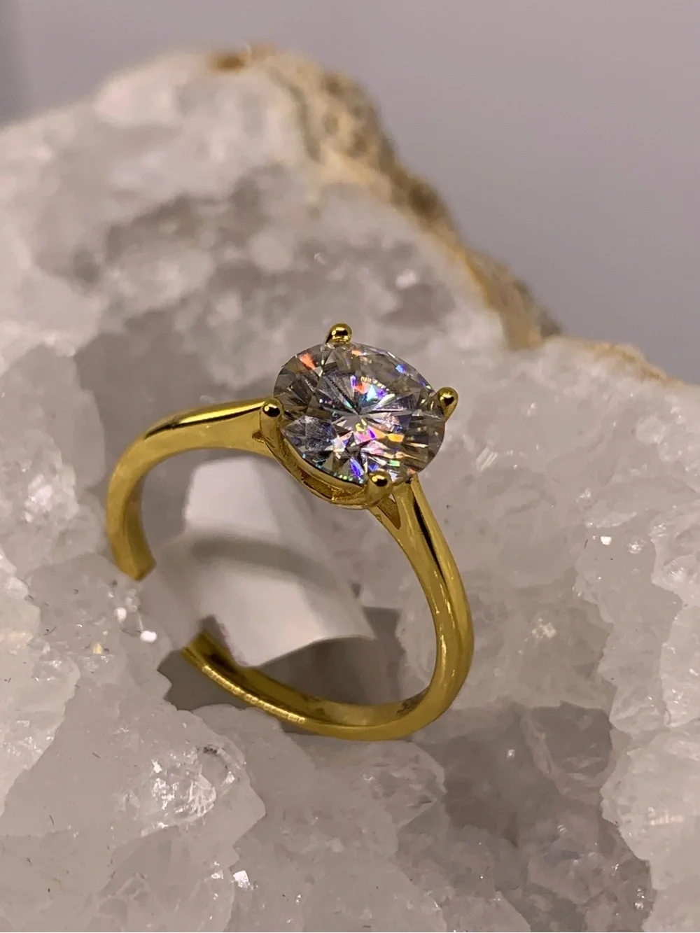 Classic Yellow Gold Solitaire Moissanite Ring Round Cut 2 Ct Wedding Ring GRA